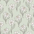 Spring Flowers Daffodils Seamless Pattern. Repeating Pastel Narcissus on Gently Green Background. Botanical Template Doodle. Royalty Free Stock Photo