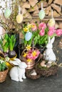 Spring flowers with easter bunny and eggs decoration Royalty Free Stock Photo