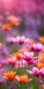 Spring flowers emerging gently, a burst of life in a minimalist landscape. Softly out of focus, lending an ethereal charm