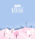 Spring flowers festival in Seoul. Namsan tower during cherry blossom. Pink blooming hills, korean park. Hello spring