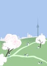 Spring flowers festival in Seoul. Namsan tower during cherry blossom. Tiny people on picnic, walking couples, taking