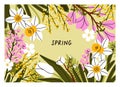 Spring flowers frame. Floral card design with blossomed garden. Botanical natural postcard background with blooming