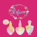 Flowers frame with text perfume and Watercolor perfume bottles