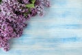 Spring flowers. Frame of twigs of blooming lilac on a blue wooden table. top view. place for text Royalty Free Stock Photo