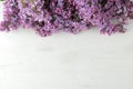 Spring flowers. Frame of twigs of blooming lilac on a white wooden table. top view. place for text Royalty Free Stock Photo