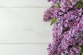 Spring flowers. Frame of twigs of blooming lilac on a white wooden table. top view. place for text Royalty Free Stock Photo