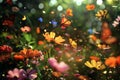 Spring flowers in a garden, butterflies, wallpaper background Royalty Free Stock Photo