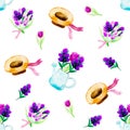 Spring flowers, garden tools seamless pattern, tulips. Bright colors, vector watercolor painting on a white background Royalty Free Stock Photo