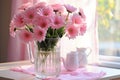 Spring flowers in glass vase on wooden table. Blurred kitchen background with old chair. Bouquet of pink gerberas