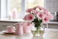 Spring flowers in glass vase on wooden table. Blurred kitchen background with old chair. Bouquet of pink gerberas Royalty Free Stock Photo