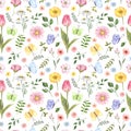 Spring flowers, grass, foliage, butterflies botanical seamless pattern. Hand-painted floral print Royalty Free Stock Photo