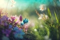 Spring flowers and grass meadow on warm golden hour sunset or sunrise time. Tranquil spring summer nature close up. generative AI