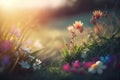 Spring flowers and grass meadow on warm golden hour sunset or sunrise time. Tranquil spring summer nature close up, Generative AI Royalty Free Stock Photo