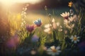 Spring flowers and grass meadow on warm golden hour sunset or sunrise time. Tranquil spring summer nature close up, Generative AI Royalty Free Stock Photo