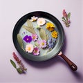 Spring flowers and green leaves in a frying pan on a pastel purple background, creative concept, generative AI Royalty Free Stock Photo