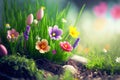 Spring flowers on a green meadow illuminated by the sun`s rays. Spring background with colorful plants.