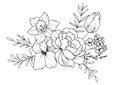 Spring Flowers Line Drawing. Black and white Floral Bouquets. Flower Coloring Page. Floral Line Art. Fine Line Flowers Royalty Free Stock Photo