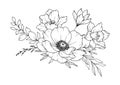 Spring Flowers Line Drawing. Black and white Floral Bouquets. Flower Coloring Page. Floral Line Art. Fine Line Flowers Royalty Free Stock Photo