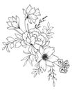 Spring Flowers Line Drawing. Black and white Floral Bouquets. Flower Coloring Page. Floral Line Art. Fine Line Flowers Royalty Free Stock Photo