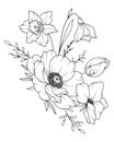 Spring Flowers Line Drawing. Black and white Floral Bouquets. Flower Coloring Page. Floral Line Art. Fine Line Flowers Royalty Free Stock Photo