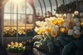 spring flowers in morning suny greenhouse illustration Generative AI