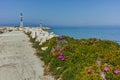 Spring flowers and pier in Skala Sotiros, Thassos island, Greece