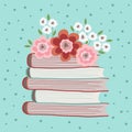 Spring flowers on a pile of books. Illustration on a turquoise background with dots