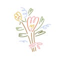 Spring flowers, romantic gift. Lineart floral bouquet in modern trendy style. Blooming garden bunch. Abstract summer