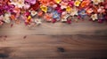 spring flowers and scattered petals on rustic wooden texture table top view with copy space