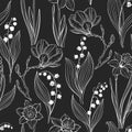 Spring flowers. Seamless pattern with magnolia, lily of the valley and narcissus on a black background. Vector. Line art. Royalty Free Stock Photo