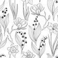 Spring flowers. Seamless pattern with magnolia, lily of the valley and narcissus on a white background. Vector. Line art. Royalty Free Stock Photo