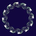 Spring flowers. Snowdrop flowers interlaced into an intricate circular ornament on a dark blue background. Art Nouveau