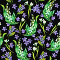 Spring flowers: snowdrop, may-lilly, viola seamless pattern, hand paint watercolor illustration Royalty Free Stock Photo