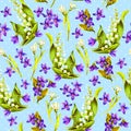 Spring flowers: snowdrop, may-lilly, viola seamless pattern, hand paint watercolor illustration Royalty Free Stock Photo