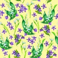 Spring flowers: snowdrop, may-lilly, viola seamless pattern, watercolor illustration Royalty Free Stock Photo