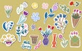 Spring flowers stickers stylized plants folk motifs hyuge bohemia english lettering hello spring hand drawn individual elements bi