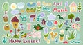 Spring flowers stickers stylized plants folk motifs hyuge bohemia english lettering hello spring hand drawn individual elements bi