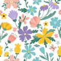 Spring flowers, summer folk floral pattern. Pretty fabric garden motif, cute simple plants, jungle herbs. Cartoon flat