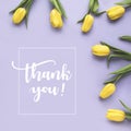 Spring flowers. `Thank you!` written in calligraphic style. Frame made of yellow tulip flowers on purple background. Flat lay, t Royalty Free Stock Photo