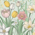 Spring Flowers Watercolor Seamless Pattern