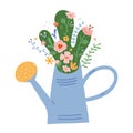 Spring flowers in watering can, fresh bouquet with various spring flowers branches and leaves, rural style, cute hand