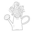 Spring flowers in watering can, outline doodle drawing, fresh bouquet with various spring flowers branches and leaves