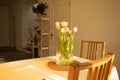 Spring flowers - white tulips in glass vase on wooden table Royalty Free Stock Photo