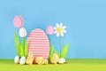 Spring flowers and wooden Easter egg with chicks in front of blue background with copy space Royalty Free Stock Photo