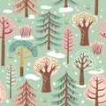 Spring forest. Different trees grow on a turquoise background. Between them, snow melts, flowers bloom. Vector graphics. Seamless