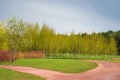 Spring forest and green grass and dirt path against the background of beautiful clouds with blue skies. Spring natural landscape. Royalty Free Stock Photo