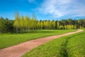 Spring forest and green grass and dirt path against the background of beautiful clouds with blue skies. Spring natural landscape. Royalty Free Stock Photo