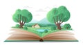 Spring forest landscape on paper pages of open book, magic spring nature in storybook Royalty Free Stock Photo