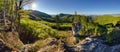 Spring forest mountain panorama landscape with sun Royalty Free Stock Photo