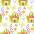 Spring forest mushroom house seamless pattern. Royalty Free Stock Photo